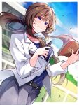  1girl belt blue_ribbon blue_shirt brown_hair check_commentary commentary_request formal grey_pants hair_ribbon highres holding holding_notebook holding_pen horse_racing_track jacket long_hair looking_at_viewer misoni_(mi_so_ni_t) notebook otonashi_etsuko pants pen ponytail purple_eyes ribbon shirt signature smile solo suit umamusume white_jacket 
