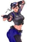  1girl alternate_costume arms_up belt black_gloves black_hair blue_pants breasts brown_eyes chun-li cropped_vest double_bun english_commentary fighting_stance fingerless_gloves gloves goggles goggles_on_head hair_bun highres load_bearing_vest medium_breasts pants police police_uniform policewoman short_hair solo street_fighter superbull164164 thick_thighs thighs throat_microphone uniform vest 