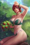  1girl arm_up armpits artist_logo artist_name bare_shoulders bra breasts cleavage closed_mouth commentary day flower freckles green_bra green_eyes green_panties green_ribbon highres holding holding_flower lingerie lips looking_at_viewer medium_breasts navel outdoors panties prywinko red_hair ribbon shading_eyes shani_(the_witcher) short_hair sitting solo the_witcher_(series) the_witcher_3 tree underwear wind 