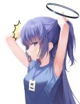  1girl absurdres arms_up bangs blue_archive blue_eyes blue_shirt blush breasts closed_mouth facial_mark hair_tie hair_tie_in_mouth halo highres lanyard lisu long_hair looking_at_viewer medium_breasts mouth_hold ponytail profile purple_hair shirt short_sleeves simple_background solo star_(symbol) sweat tying_hair upper_body very_long_hair white_background yuuka_(blue_archive) yuuka_(gym_uniform)_(blue_archive) 