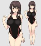  1girl absurdres akagi_(kancolle) bare_legs barefoot black_one-piece_swimsuit breasts brown_eyes brown_hair collarbone competition_swimsuit full_body grey_background hair_between_eyes highres kantai_collection large_breasts long_hair noruren one-piece_swimsuit open_mouth simple_background swimsuit zoom_layer 