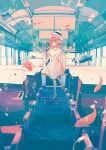  1girl 456 barefoot blue_eyes bubble bus bus_interior dress fish floating ground_vehicle hat long_hair motor_vehicle open_mouth original pink_hair seat underwater walking white_dress white_headwear window 