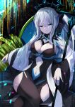  1girl absurdres bangs black_dress black_thighhighs blue_eyes breasts cleavage closed_mouth commentary_request crossed_legs dress fate/grand_order fate_(series) feet_out_of_frame grey_hair hair_between_eyes highres long_hair long_sleeves looking_at_viewer medium_breasts morgan_le_fay_(fate) navel shibakame sitting solo thighhighs very_long_hair wide_sleeves 