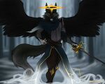  angel armor ayden_feuer canid canine canis clothing detailed_background feathered_wings feathers fog hi_res mammal melee_weapon rapier smol_aberration sparks sword torn_clothing weapon wings wolf 