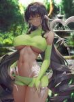  1girl \||/ au_ra avatar_(ff14) black_hair blurry blurry_background breasts breasts_apart cowboy_shot dark-skinned_female dark_skin dragon_girl dragon_horns dragon_tail drill_hair english_commentary final_fantasy final_fantasy_xiv green_nails highres horns large_breasts long_hair looking_at_viewer nail_polish nipples no_bra outdoors scales skin_tight solo tail twin_drills twintails very_long_hair whois yellow_eyes 