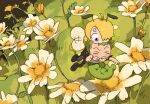  absurdres bee_boy biting blonde_hair blush_stickers caterpillar caterpillar_boy chibi curly_eyebrows facial_hair field flower flower_field flying goatee green_hair hair_over_one_eye head_biting highres male_focus no.6_(numberr_6) one_piece roronoa_zoro sanji_(one_piece) short_hair sleeping wings 