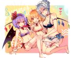  3girls :p ;3 background_text bangs bat_wings bikini blonde_hair blue_eyes bow braid breasts cleavage commentary_request crystal eating flandre_scarlet food frilled_bikini frills front-tie_bikini_top front-tie_top full_body grey_hair hair_ribbon izayoi_sakuya kirero large_breasts legs maid_bikini maid_headdress medium_hair multiple_girls navel one_eye_closed open_mouth popsicle purple_bikini purple_hair red_bikini red_eyes remilia_scarlet ribbon sitting small_breasts sparkle stomach swimsuit thigh_strap tongue tongue_out touhou twin_braids vampire wings 