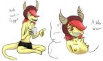  anthro clothed clothing controller dialogue dinosaur english_text female game_controller hair headgear headwear hi_res horn nipple_fetish nipple_play nipple_suck nipples red_eyes red_hair reptile scalie schizo_chan_(snoot_game) simple_background sitting snoot_game_(fan_game) solo sucking text topless unknown_artist video_games white_background yellow_body 