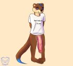  anthro balls big_penis blue_eyes blue_hair bodily_fluids bottomless brown_body brown_fur brown_skin clothed clothing countershading cum cum_on_penis don&#039;t_bully_me_i&#039;ll_cum foreskin fur genital_fluids genitals hair hands_behind_back highlights_(coloring) huge_penis humanoid_genitalia lutrine male mammal marwin_(nsfowork) meme meme_clothing mustelid nervous nsfowork penis plantigrade precum solo vein veiny_penis 