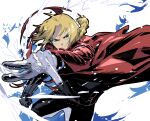  1boy bangs black_pants blonde_hair cofffee cowboy_shot edward_elric fighting_stance fullmetal_alchemist furrowed_brow gloves jacket long_hair long_sleeves looking_at_viewer male_focus outstretched_hand pants parted_bangs prosthesis prosthetic_arm red_jacket solo white_background white_gloves yellow_eyes 