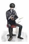  1boy amamiya_ren animal bangs black-framed_eyewear black_cardigan black_cat black_eyes black_hair black_pants book btmr_game cardigan cat full_body highres holding holding_book long_sleeves male_focus morgana_(persona_5) open_mouth pants persona persona_5 plant potted_plant shoes signature simple_background sitting solo sparkle stool 