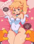  1boy 1girl absurdres blonde_hair blue_eyes bowser bracelet breasts bridal_lingerie crown earrings elbow_gloves gloves highres jewelry leotard lingerie long_hair mario_(series) medium_breasts monster netorare princess_peach seductive_smile shell smile spikes thick_thighs thighs tiara_miss_tsu underwear 