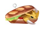  black_eyes bread claws commentary food highres horezai in_food lettuce peeking_out pokemon pokemon_(creature) sandslash simple_background skewer tomato tomato_slice white_background 