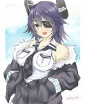  1girl artist_name bare_shoulders black_jacket breasts checkered_necktie dated eyepatch fur-trimmed_jacket fur_trim gakky hands_in_pockets headgear jacket kantai_collection large_breasts looking_at_viewer necktie one-hour_drawing_challenge open_mouth purple_hair short_hair smile solo tenryuu_(kancolle) tenryuu_kai_ni_(kancolle) yellow_eyes 