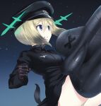  1girl a9b_(louis814) blonde_hair blue_eyes blush breasts dog_tail erica_hartmann green_panties grin hat highres military military_hat military_uniform panties short_hair sky small_breasts smile solo star_(sky) starry_sky strike_witches striker_unit tail underwear uniform world_witches_series 