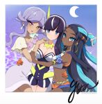  3girls aqua_eyes aqua_hair armlet bangs belly_chain bike_shorts black_hair blue_eyes blue_eyeshadow blunt_bangs blush border breasts bright_pupils cleavage closed_mouth collar commentary_request crescent_moon dark-skinned_female dark_skin earclip earrings elesa_(pokemon) elesa_(sygna_suit)_(pokemon) eyelashes eyeshadow gloves hair_bun hand_on_another&#039;s_waist hoop_earrings jewelry lipstick long_hair makeup moon multicolored_hair multiple_girls nashirasauce navel necklace nessa_(pokemon) official_alternate_costume orange_gloves parted_lips pokemon pokemon_(game) pokemon_masters_ex pokemon_sv pokemon_swsh short_sleeves sidelocks signature single_hair_bun smile tulip_(pokemon) two-tone_hair white_border white_pupils 