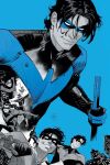  1boy artist_name batman_(series) black_bodysuit black_hair blue_background bodysuit building dan_mora dc_comics dick_grayson domino_mask english_commentary gloves highres holding holding_weapon male_focus mask nightwing official_art robin_(dc) smile weapon 