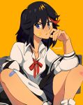  1girl artist_name bandaid bandaid_on_cheek bandaid_on_face bandaid_on_knee bandaid_on_leg bangs black_hair black_skirt blue_eyes collared_shirt commentary english_commentary frown hair_between_eyes hand_to_own_mouth highres kill_la_kill knees_together_feet_apart long_sleeves looking_at_viewer matoi_ryuuko medium_hair multicolored_hair orange_background pleated_skirt red_hair shirt simple_background sitting skirt solo squeezable_(artist) streaked_hair two-tone_hair v-shaped_eyebrows white_shirt wing_collar 