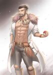  1boy abs alternate_costume beard belt boots brown_belt brown_footwear brown_hair coat commentary earrings eryx45 facial_hair fur-trimmed_coat fur_trim hand_in_pocket highres holding holding_poke_ball jewelry male_focus muscular muscular_male navel necklace open_clothes open_coat pants parted_lips pectorals poke_ball poke_ball_(basic) pokemon pokemon_(game) pokemon_sv short_hair solo torn_clothes torn_pants turo_(pokemon) undercut white_coat 