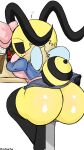  &lt;3 2022 annabee_(woebeeme) antennae_(anatomy) anthro arthropod arthropod_abdomen bee beverage big_breasts big_butt black_body black_eyes blue_bottomwear blue_clothing blue_jacket blue_skirt blue_topwear bottomwear breast_squish breasts butt clothed clothing clothing_lift ellipsis exposed_butt female furniture glistening glistening_butt hell&#039;s_kitchen hi_res hymenopteran insect insect_wings jacket mane no_pupils pink_clothing pink_shirt pink_topwear rear_view shirt signature sitting skirt skirt_lift solo squish stinger striped_abdomen striped_body stripes table topwear wings woebeeme yellow_body 