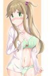  1girl bangs blonde_hair blush bra breasts collared_shirt green_bra green_eyes green_panties highres inuyama_aoi large_breasts long_sleeves navel no_pants open_clothes open_shirt panties ponytail shirt side_ponytail simple_background stomach sweat turning_head unbuttoned underwear upper_body white_shirt yurucamp yuukin 