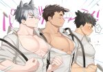  3boys animal_ears bangs bara black_hair blue_eyes blush bursting_pectorals clenched_hands closed_eyes closed_mouth dog_boy dog_ears flying_button glasses large_pectorals male_focus multiple_boys muscular muscular_male nipples original pectorals rio_mukiniki shirt short_hair smile translation_request upper_body white_hair white_shirt 