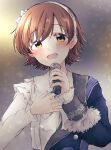  1girl ba_ra_ran blue_jacket blurry blush bokeh brown_hair depth_of_field hairband highres holding holding_microphone honda_mio idolmaster idolmaster_cinderella_girls jacket long_sleeves looking_at_viewer microphone open_mouth shirt short_hair single_sleeve solo sparkle white_shirt yellow_eyes 