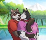  &lt;3 anthro arm_around_neck athletic athletic_anthro athletic_male blush canid canine canis clothing collar collar_tag connor_(ianzero_) cookiedoh2 domestic_dog duo embrace facial_hair goatee hand_on_stomach hi_res hug husky kissing kissing_cheek male male/male mammal muscular muscular_anthro muscular_male nordic_sled_dog procyonid raccoon romantic romantic_couple spencer_(extracurricular_activities) spitz teeth topwear wholesome_hug 