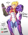  1girl bangs blonde_hair blue_eyes bodysuit gravity_suit highres jarckius like_and_retweet long_hair looking_at_viewer meme metroid metroid_dread mole mole_under_mouth ponytail power_suit power_suit_(metroid) samus_aran simple_background solo twitter_strip_game_(meme) weapon 