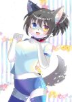  1girl :d animal_ear_fluff animal_ears bangs black_hair blue_buruma blue_eyes blue_thighhighs blush breasts buruma collar commentary_request commission dog_ears dog_girl dog_tail fang floral_background furry furry_female gym_shirt gym_uniform hair_between_eyes hands_up heterochromia kou_hiyoyo medium_breasts original paw_pose red_collar shirt short_sleeves skeb_commission smile solo striped striped_background tail thighhighs vertical_stripes white_background white_shirt yellow_eyes 