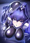  1girl armor blue_eyes blue_hair bodysuit breasts fortified_suit iro_ame_(amewaagada) large_breasts latex latex_bodysuit light_particles long_hair looking_at_viewer mitsurugi_meiya muvluv muvluv_alternative no_shoes pilot_suit ponytail shiny shiny_clothes skin_tight soles solo sparkle 