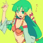  1girl bangs blunt_bangs blush breasts feena_(grandia) grandia grandia_i green_eyes green_hair hair_tubes long_hair looking_at_viewer medium_breasts metata navel open_mouth simple_background smile solo upper_body wide_sleeves 