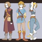  3boys arms_behind_head bangs bare_shoulders belt black_sleeves blonde_hair blue_pants blue_ribbon blue_tunic boots brown_footwear brown_hair brown_pants cropped_vest dragon_quest dragon_quest_xi final_fantasy final_fantasy_ix frilled_shirt_collar frills gloves grey_footwear grey_gloves grey_vest hair_between_eyes hand_on_hip hero_(dq11) highres letterboxed link long_coat looking_at_viewer low_ponytail male_focus medium_hair monkey_tail multiple_belts multiple_boys neck_ribbon pants parted_bangs parted_lips pointy_ears ribbon shirt short_hair short_hair_with_long_locks sidelocks sleeveless sleeveless_shirt smile standing tail tamagodamaco the_legend_of_zelda the_legend_of_zelda:_breath_of_the_wild vest white_shirt wrist_cuffs yellow_shirt zidane_tribal 
