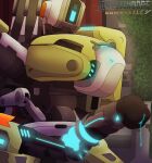  bastion_(overwatch) blizzard_entertainment bodily_fluids buzzindorf digital_media_(artwork) erection genital_fluids genitals hi_res machine male not_furry omnic overwatch penis ranged_weapon robot simple_background solo video_games weapon 
