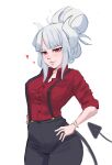  1girl black_pants demon_girl demon_tail foxxarius hand_on_own_thigh helltaker highres horns jewelry looking_at_viewer lucifer_(helltaker) mole mole_under_eye pants red_eyes red_shirt ring shirt tail white_background white_hair white_horns 