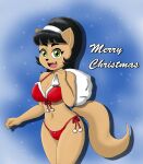  2019 anthro bikini bikini_bottom bikini_top black_hair christmas christmas_clothing clothing domestic_cat english_text felid feline felis hair holidays kitty_katswell mammal mrsrlord nickelodeon portrait santa&#039;s_sack smile snow snowing swimwear t.u.f.f._puppy text three-quarter_portrait 