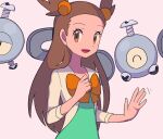 1girl :d blush bow brown_eyes brown_hair cardigan clenched_hand commentary_request dress eyelashes green_dress hair_bobbles hair_ornament jasmine_(pokemon) long_hair looking_at_viewer magnemite open_cardigan open_clothes open_mouth pokemon pokemon_(creature) pokemon_(game) pokemon_hgss screw smile tongue two_side_up tyako_089 white_cardigan 