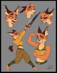  2022 abs anthro barefoot bodily_fluids bottomwear caracal caracal_(genus) clothing crop_top expression_sheet feet felid feline female galinn-arts mammal melee_weapon midriff muscular muscular_female pants shirt simple_background smile solo sword tears topwear weapon 