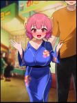  1boy 1girl absurdres blue_kimono blurry blush breasts couple covered_navel depth_of_field fangs festival grimgrim head_out_of_frame height_difference hickey highres horns huge_breasts ilulu_(maidragon) implied_after_sex japanese_clothes kimono kobayashi-san_chi_no_maidragon off_shoulder open_mouth oppai_loli pink_hair pointy_ears red_eyes shirt_grab short_hair shortstack slit_pupils smile sweat waving yukata 