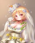  1girl aki_minoriko arinu blonde_hair blush breasts cleavage closed_mouth collarbone dress flower hair_between_eyes highres large_breasts long_sleeves off-shoulder_dress off_shoulder red_eyes short_hair smile solo sparkle touhou touhou_lost_word upper_body white_dress white_flower 