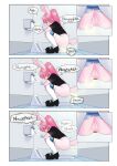  anthro anus bathroom black_clothing black_shirt black_topwear blue_eyes blush bottomwear bottomwear_pull censored censored_pussy clothing clothing_pull comic crouching denim english_text fart feces female footwear fur genitals hair high_heels lagomorph legwear leporid mammal mosaic_censorship pink_body pink_fur pink_hair pooping pussy rabbit scat shaking shirt skirt skirt_pull socks solo squat_toilet text thigh_highs thigh_socks toilet toilet_paper toilet_use topwear trembling unoroute unousaya 