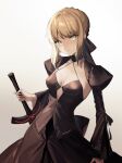  1girl artoria_pendragon_(fate) bangs black_dress black_ribbon black_sleeves blonde_hair braid breasts cleavage closed_mouth commentary detached_sleeves dress excalibur_morgan_(fate) fate/grand_order fate_(series) french_braid hair_bun hair_ribbon highres holding holding_sword holding_weapon long_sleeves looking_at_viewer medium_breasts ribbon saber_alter short_hair sidelocks simple_background single_hair_bun solo sword tamitami weapon wide_sleeves yellow_eyes 