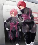  1girl absurdres alternate_costume armor artist_name ass ass_focus bangs blush bodysuit breasts closed_mouth commentary_request covered_collarbone covered_navel dino_crisis elbow_gloves embarrassed fingerless_gloves gloves hanabusa_(xztr3448) hand_on_own_ass highres indoors lips loincloth medium_breasts mirror panties red_eyes red_hair reflection regina_(dino_crisis) shiny shiny_clothes shiny_hair short_hair signature simple_background skin_tight thighs underwear zipper zipper_pull_tab 