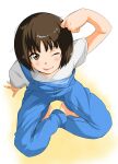  1girl :p ;p amagami arm_support bangs barefoot blue_overalls blunt_bangs blush bob_cut brown_eyes brown_hair commentary from_above gradient gradient_background hair_strand hand_on_own_head highres indian_style jishaku_(user_rcuz2843) knocking looking_at_viewer looking_up messy_hair on_ground one_eye_closed overalls partially_unbuttoned shirt short_hair short_sleeves sitting smile solo strap_slip t-shirt tachibana_miya tongue tongue_out white_background white_shirt yellow_background 