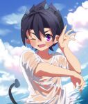  1boy bangs blue_sky cloud cloudy_sky collarbone demon_boy demon_tail great_kichi hair_between_eyes horns male_child one_eye_closed open_mouth pointy_ears pop-up_story purple_eyes shirt short_sleeves sky smile solo tail teeth upper_teeth wading wet wet_clothes wet_shirt white_shirt ziz_glover 
