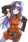  1girl ahoge aqua_eyes arm_up belt black_gloves brown_belt brown_sleeves cowboy_shot detached_sleeves eyelashes fingerless_gloves fingernails fire_emblem fire_emblem:_radiant_dawn gloves grin hairband legs_apart long_hair long_sleeves mia_(fire_emblem) purple_hair purple_thighhighs simple_background smile solo standing ten_(tenchan_man) thighhighs turtleneck white_background white_hairband zettai_ryouiki 