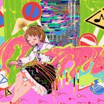  1girl :d abstract bare_legs black_skirt brown_hair closed_eyes cloud commentary_request door floating hairband highres itomugi-kun long_sleeves open_door open_mouth purple_hairband road_sign shirt short_hair sign skirt smile solo star_(symbol) touhou tsukumo_yatsuhashi white_shirt 