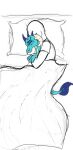  2018 anon anthro bedding blanket blue_body blue_scales clothing colored_sketch cuddling digital_drawing_(artwork) digital_media_(artwork) dragon duo eyes_closed female friendship_is_magic frikdikulous hasbro hi_res horn human human_on_anthro human_on_female interspecies male male/female male_on_anthro mammal my_little_pony pillow princess_ember_(mlp) scales scalie shirt simple_background sketch sleeping smile spooning topwear white_background 