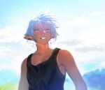  1boy aged_down alternate_costume bangs bare_shoulders black_tank_top blue_hair blue_sky blurry blurry_background child chinese_commentary cloud collarbone commentary_request day earclip elezen elf final_fantasy final_fantasy_xiv floating_hair grin haurchefant_greystone looking_afar looking_up male_child male_focus outdoors pointy_ears short_hair sky smile solo sweat tank_top upper_body wind wuliu_heihuo 
