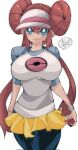  1girl black_pantyhose blue_eyes bow breasts brown_hair double_bun doughnut_hair_bun hair_bun highres kinakomochi_(user_vedc2333) large_breasts legwear_under_shorts long_hair pantyhose pink_bow pokemon pokemon_(game) pokemon_bw2 raglan_sleeves rosa_(pokemon) short_shorts shorts solo twintails very_long_hair visor_cap yellow_shorts 